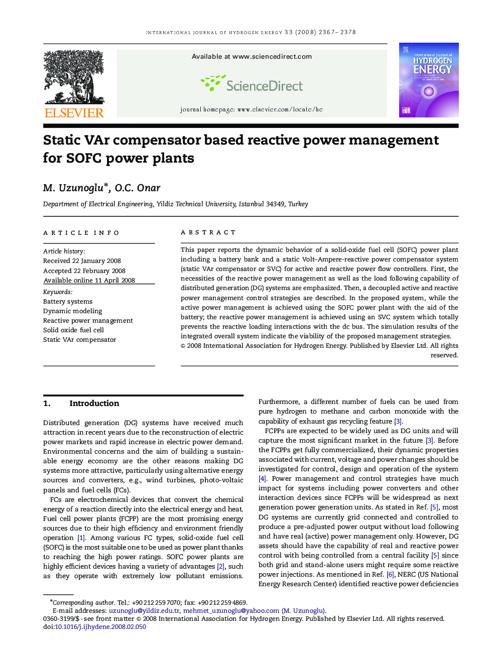 Static VAr compensator based reactive power management for SOFC power plants