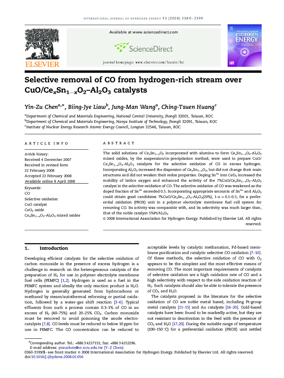 Selective removal of CO from hydrogen-rich stream over CuO/CexSn1−xO2–Al2O3 catalysts