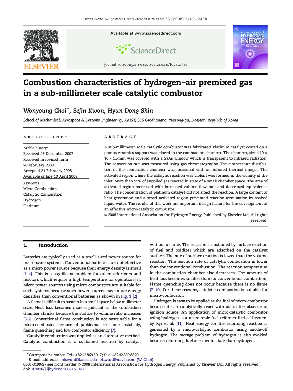 Combustion characteristics of hydrogen–air premixed gas in a sub-millimeter scale catalytic combustor