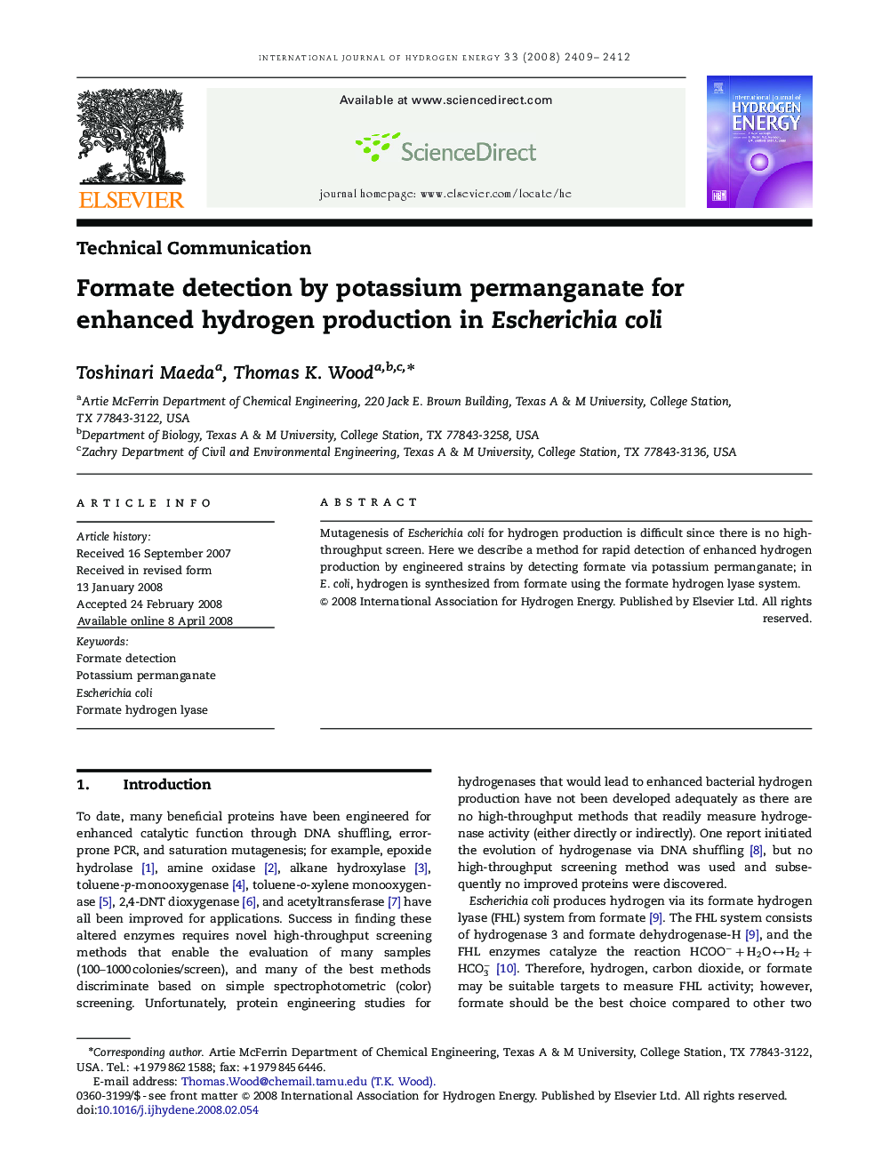 Formate detection by potassium permanganate for enhanced hydrogen production in Escherichia coli