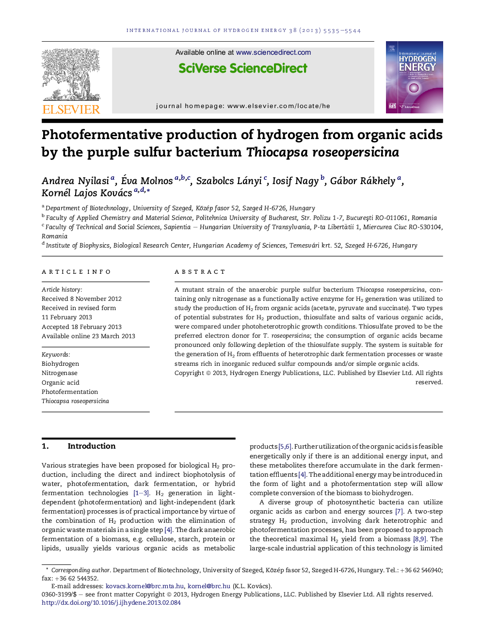 Photofermentative production of hydrogen from organic acids by the purple sulfur bacterium Thiocapsa roseopersicina