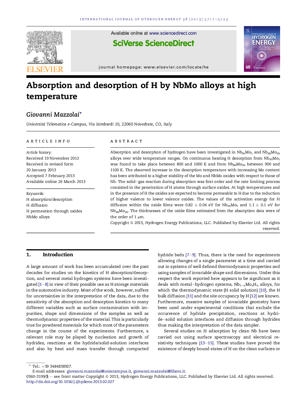 Absorption and desorption of H by NbMo alloys at high temperature