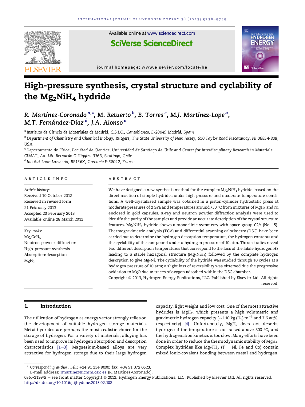 High-pressure synthesis, crystal structure and cyclability of the Mg2NiH4 hydride