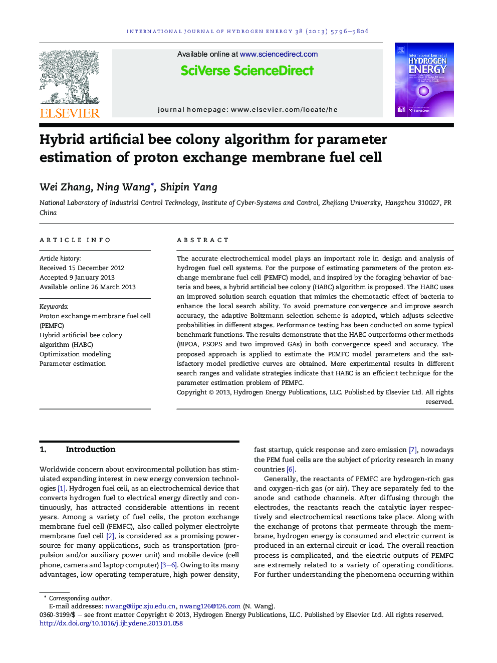 Hybrid artificial bee colony algorithm for parameter estimation of proton exchange membrane fuel cell