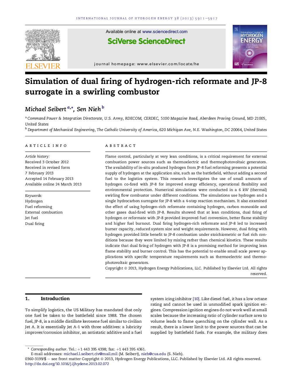 Simulation of dual firing of hydrogen-rich reformate and JP-8 surrogate in a swirling combustor