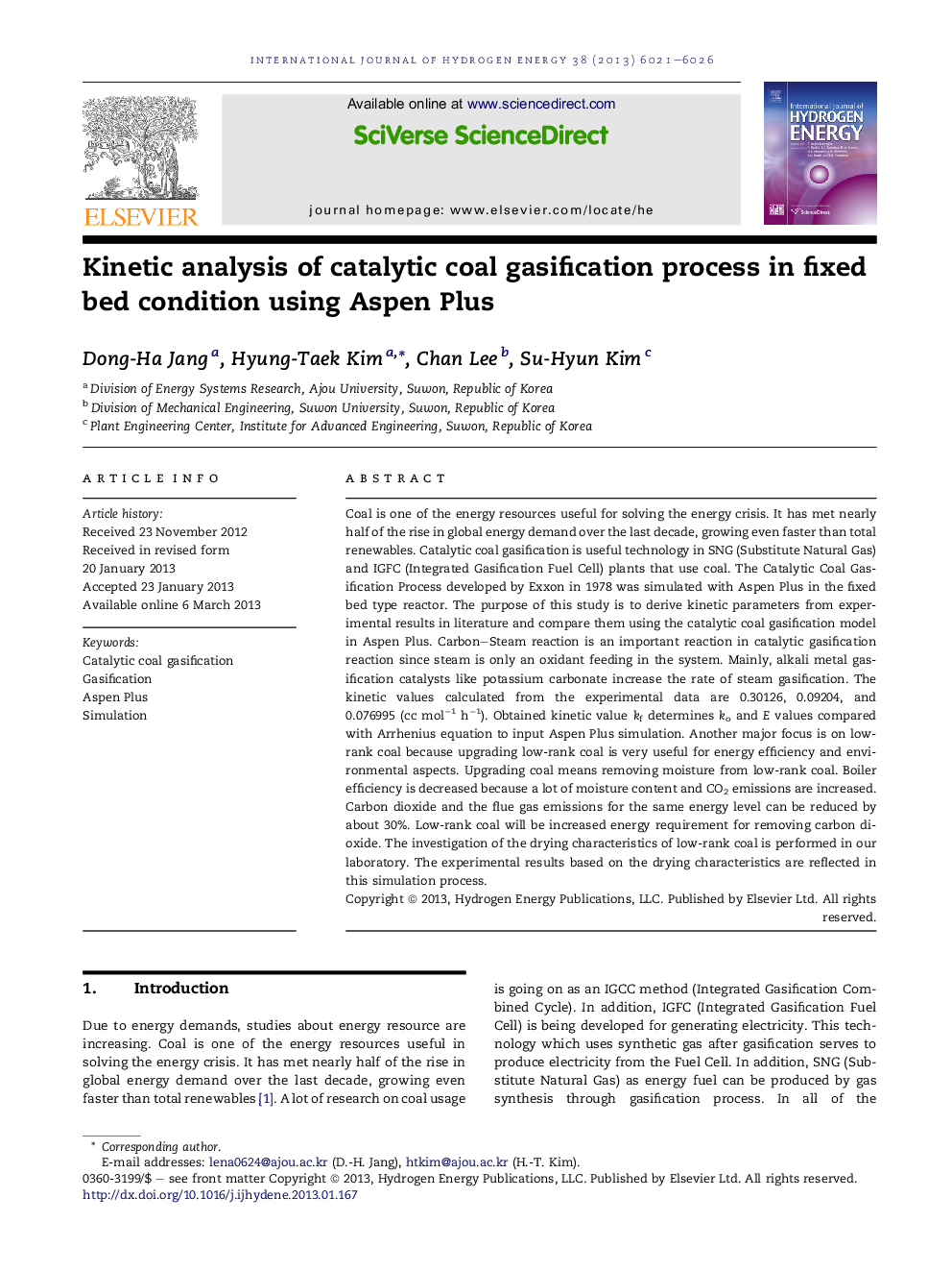 Kinetic analysis of catalytic coal gasification process in fixed bed condition using Aspen Plus