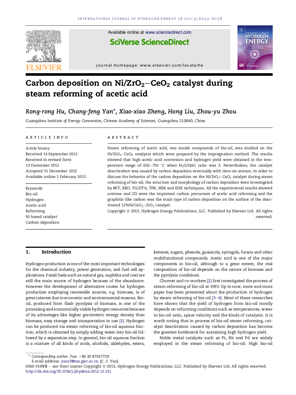 Carbon deposition on Ni/ZrO2–CeO2 catalyst during steam reforming of acetic acid