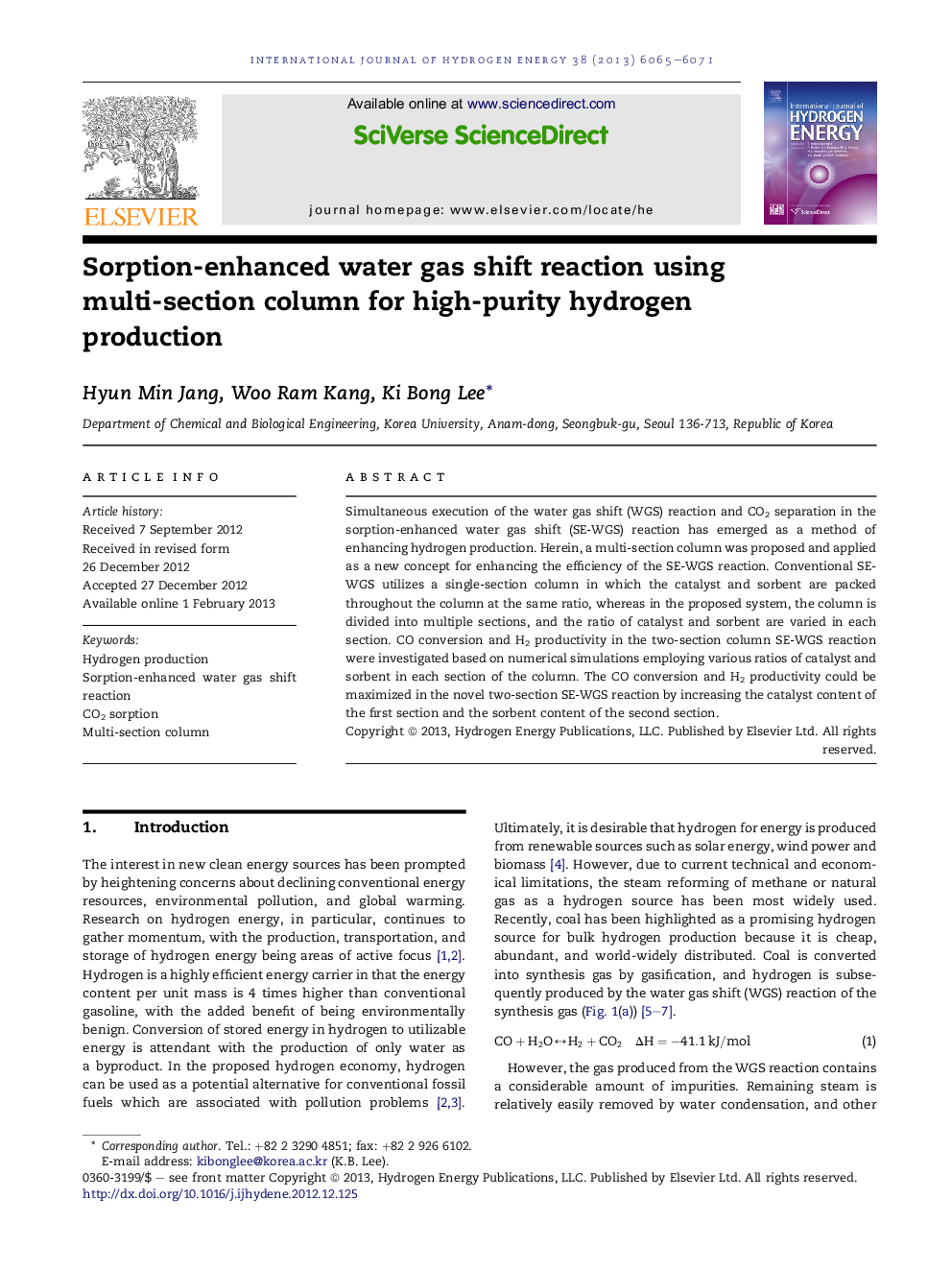 Sorption-enhanced water gas shift reaction using multi-section column for high-purity hydrogen production