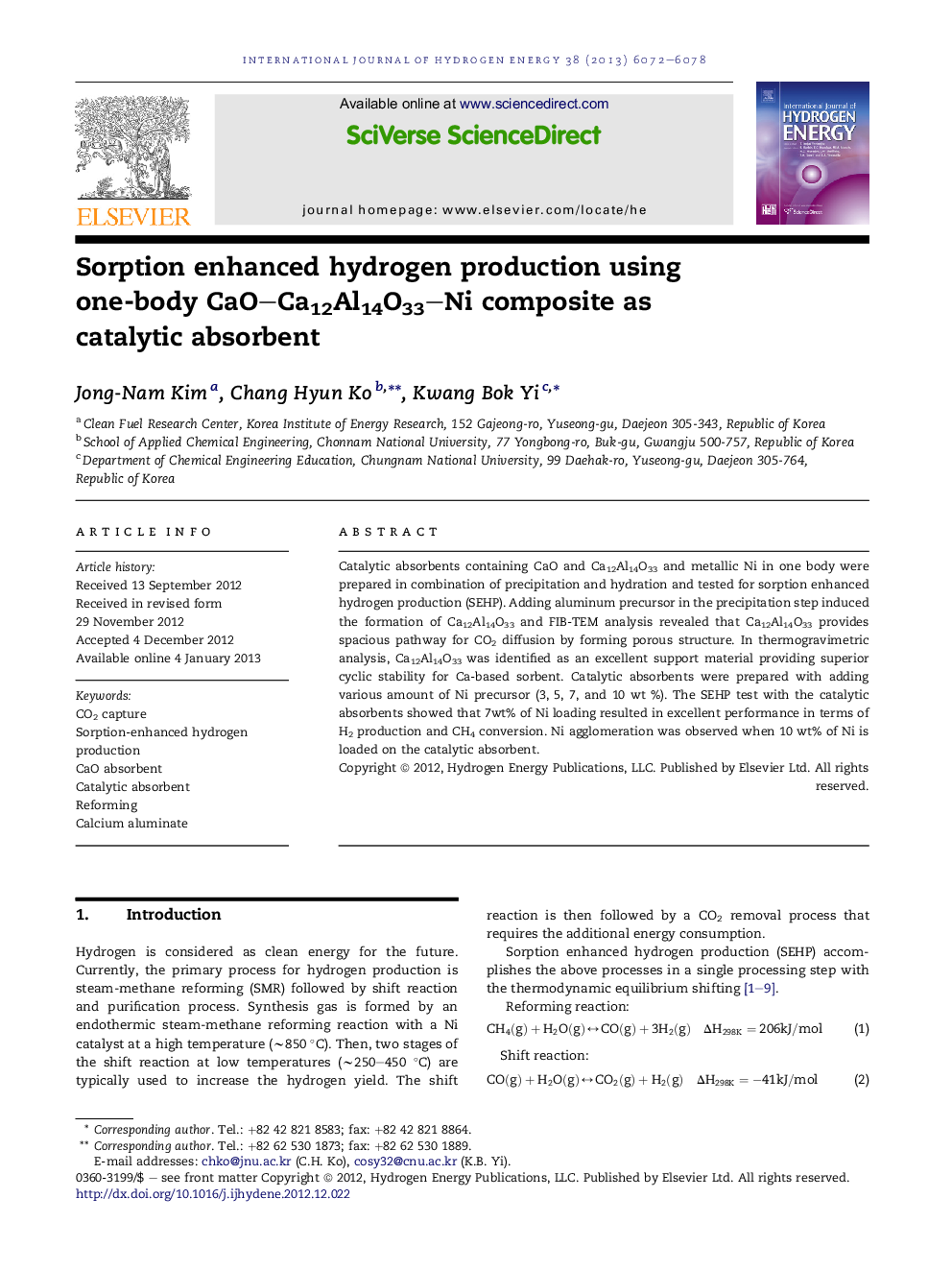 Sorption enhanced hydrogen production using one-body CaO–Ca12Al14O33–Ni composite as catalytic absorbent