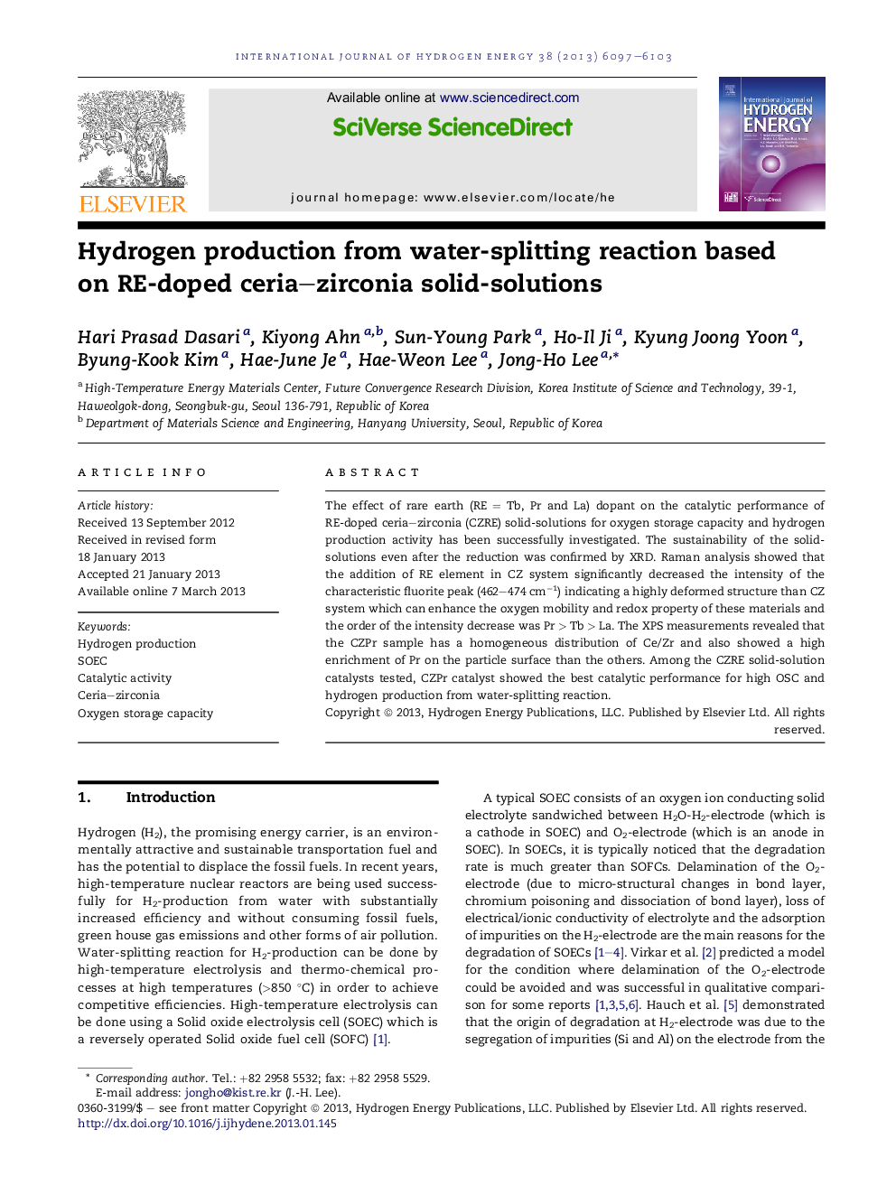 Hydrogen production from water-splitting reaction based on RE-doped ceria–zirconia solid-solutions