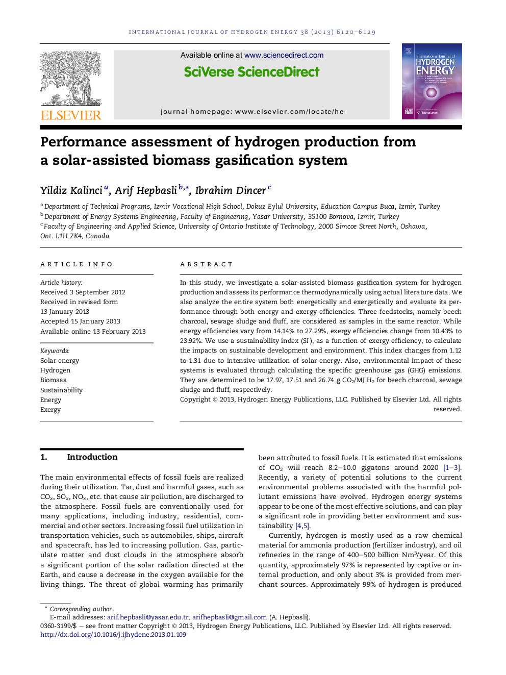 Performance assessment of hydrogen production from a solar-assisted biomass gasification system