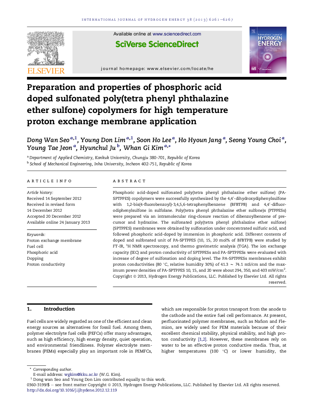 Preparation and properties of phosphoric acid doped sulfonated poly(tetra phenyl phthalazine ether sulfone) copolymers for high temperature proton exchange membrane application