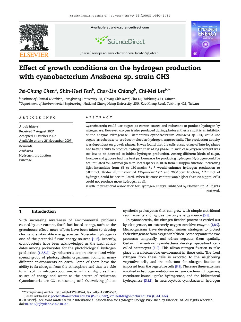 Effect of growth conditions on the hydrogen production with cyanobacterium Anabaena sp. strain CH3