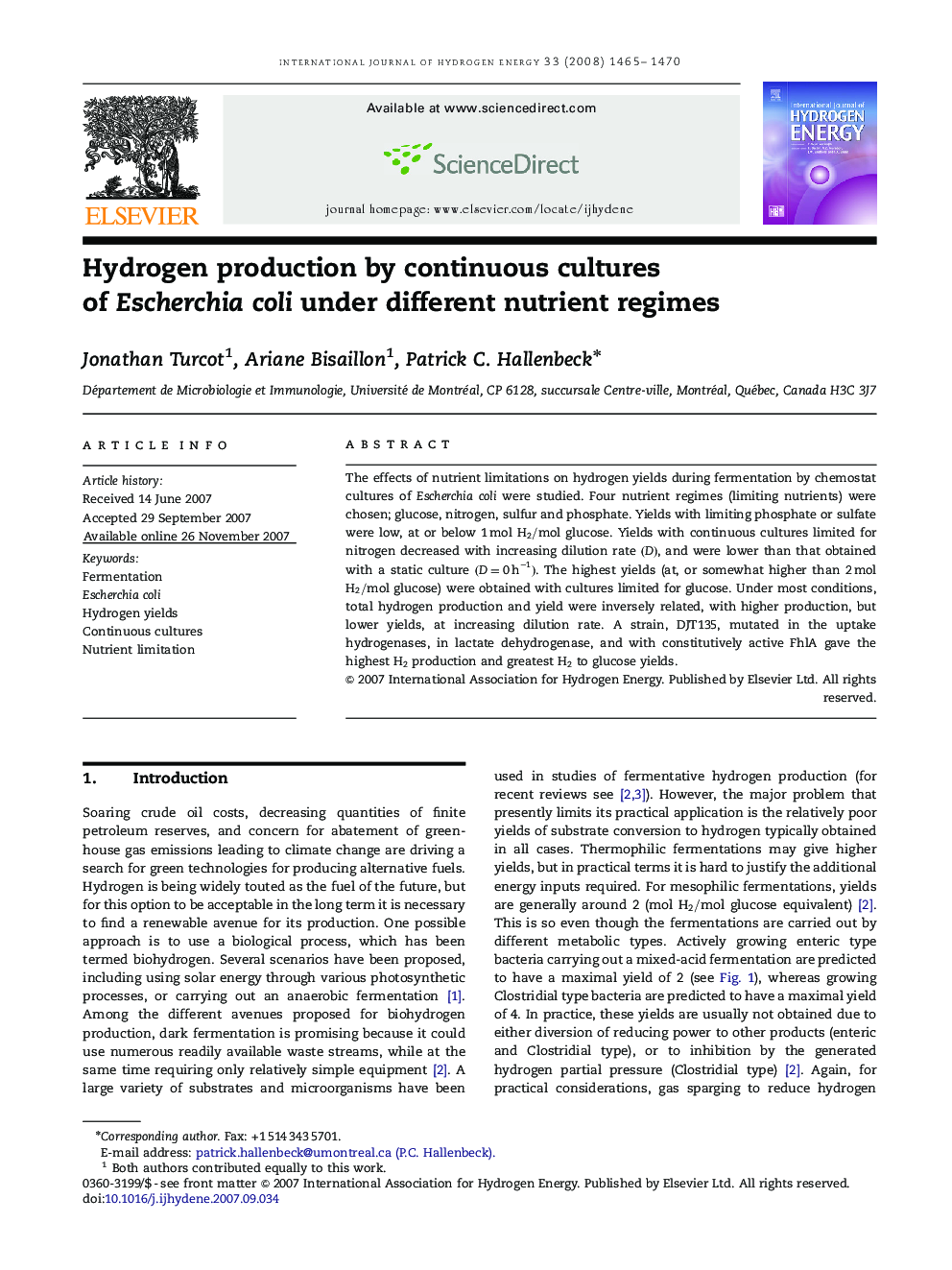 Hydrogen production by continuous cultures of Escherchia coli under different nutrient regimes