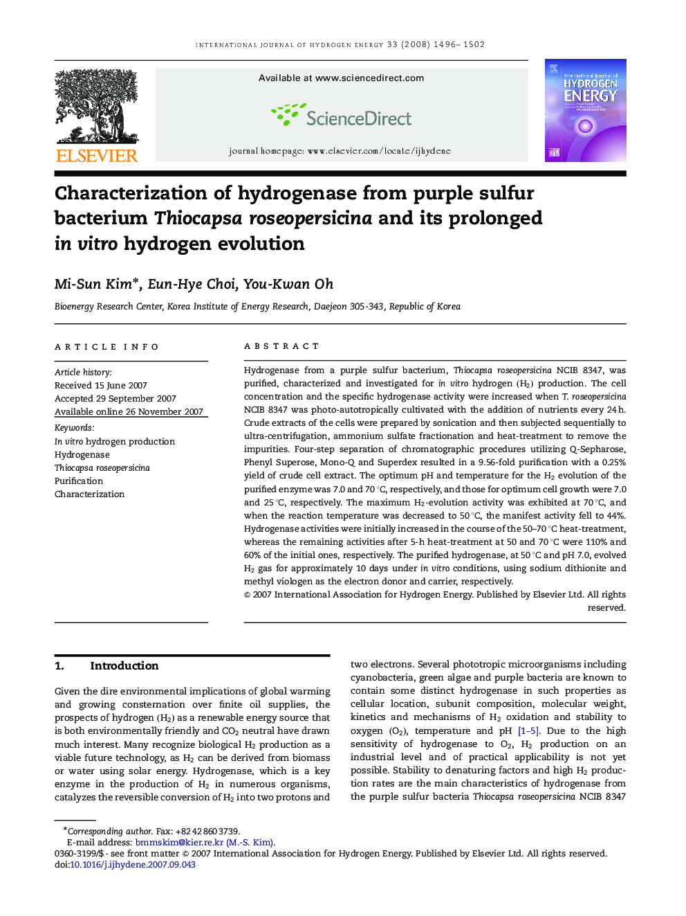 Characterization of hydrogenase from purple sulfur bacterium Thiocapsa roseopersicina and its prolonged in vitro hydrogen evolution