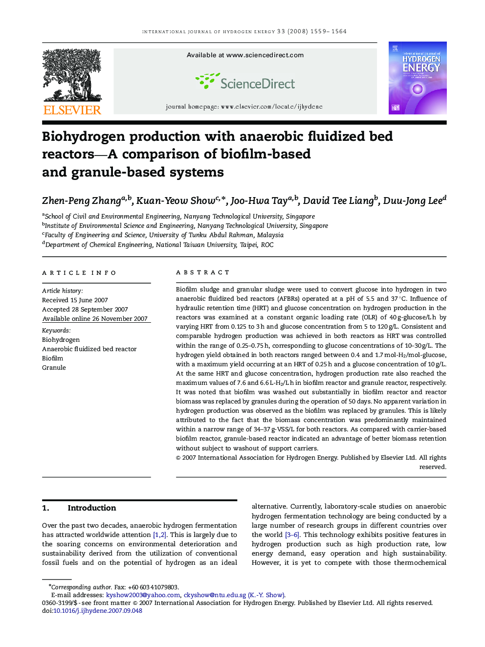 Biohydrogen production with anaerobic fluidized bed reactors—A comparison of biofilm-based and granule-based systems