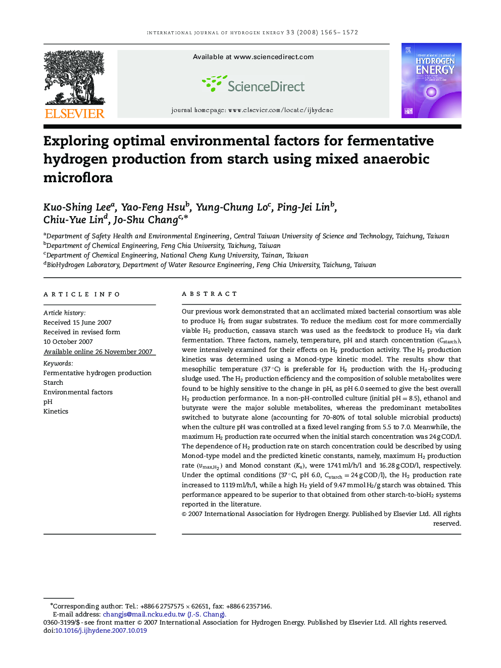 Exploring optimal environmental factors for fermentative hydrogen production from starch using mixed anaerobic microflora