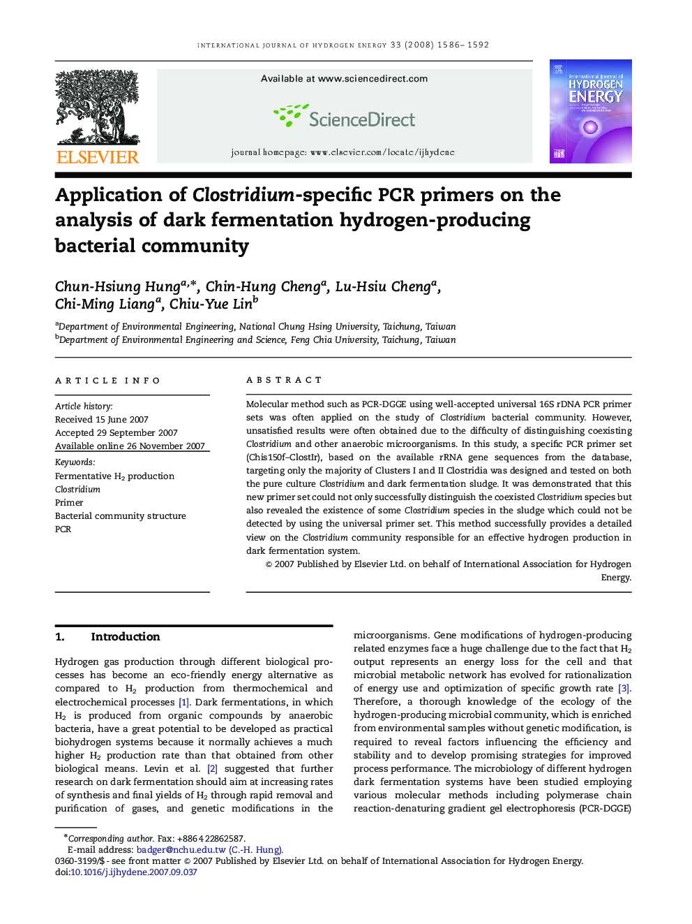 Application of Clostridium-specific PCR primers on the analysis of dark fermentation hydrogen-producing bacterial community