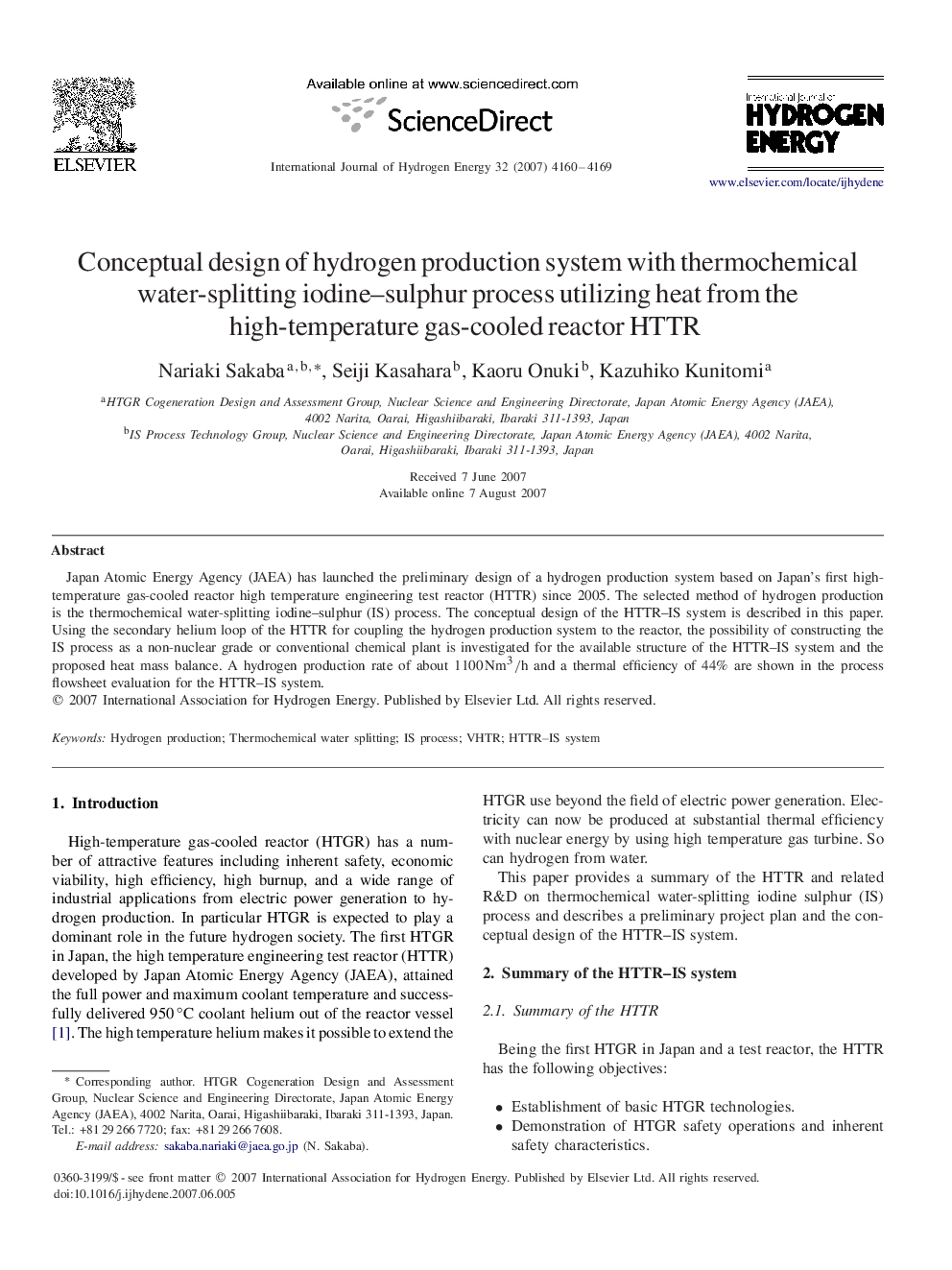 Conceptual design of hydrogen production system with thermochemical water-splitting iodine–sulphur process utilizing heat from the high-temperature gas-cooled reactor HTTR