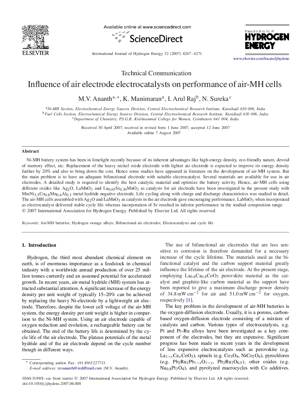 Influence of air electrode electrocatalysts on performance of air-MH cells