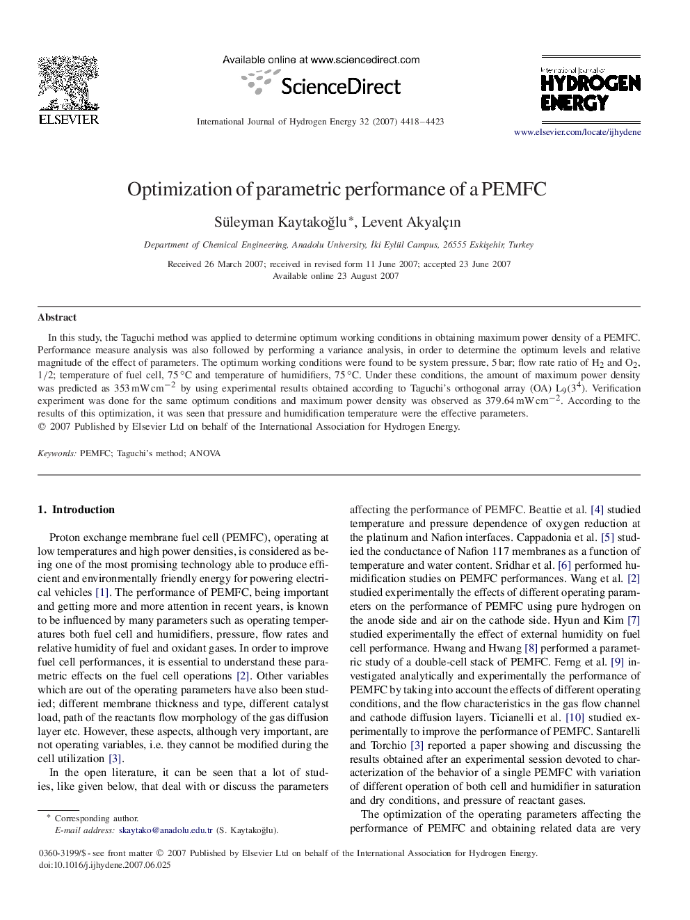 Optimization of parametric performance of a PEMFC