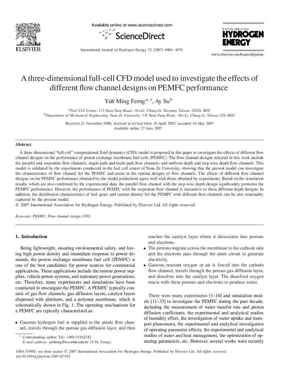 A three-dimensional full-cell CFD model used to investigate the effects of different flow channel designs on PEMFC performance