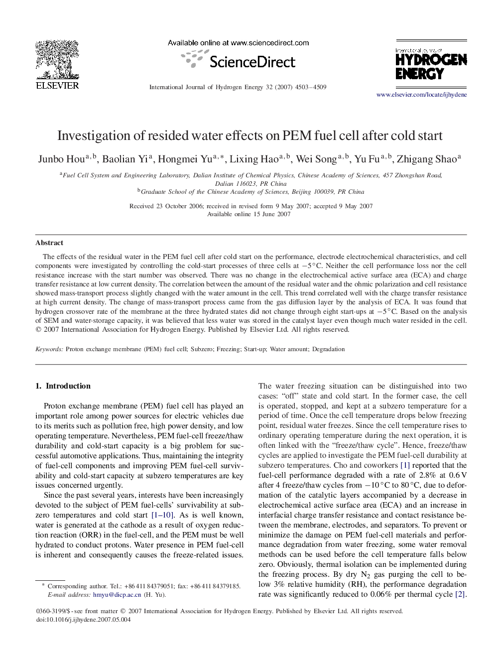 Investigation of resided water effects on PEM fuel cell after cold start