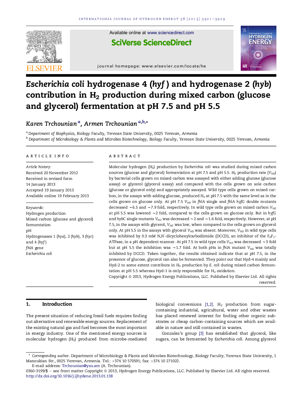 Escherichia coli hydrogenase 4 (hyf) and hydrogenase 2 (hyb) contribution in H2 production during mixed carbon (glucose and glycerol) fermentation at pH 7.5 and pH 5.5