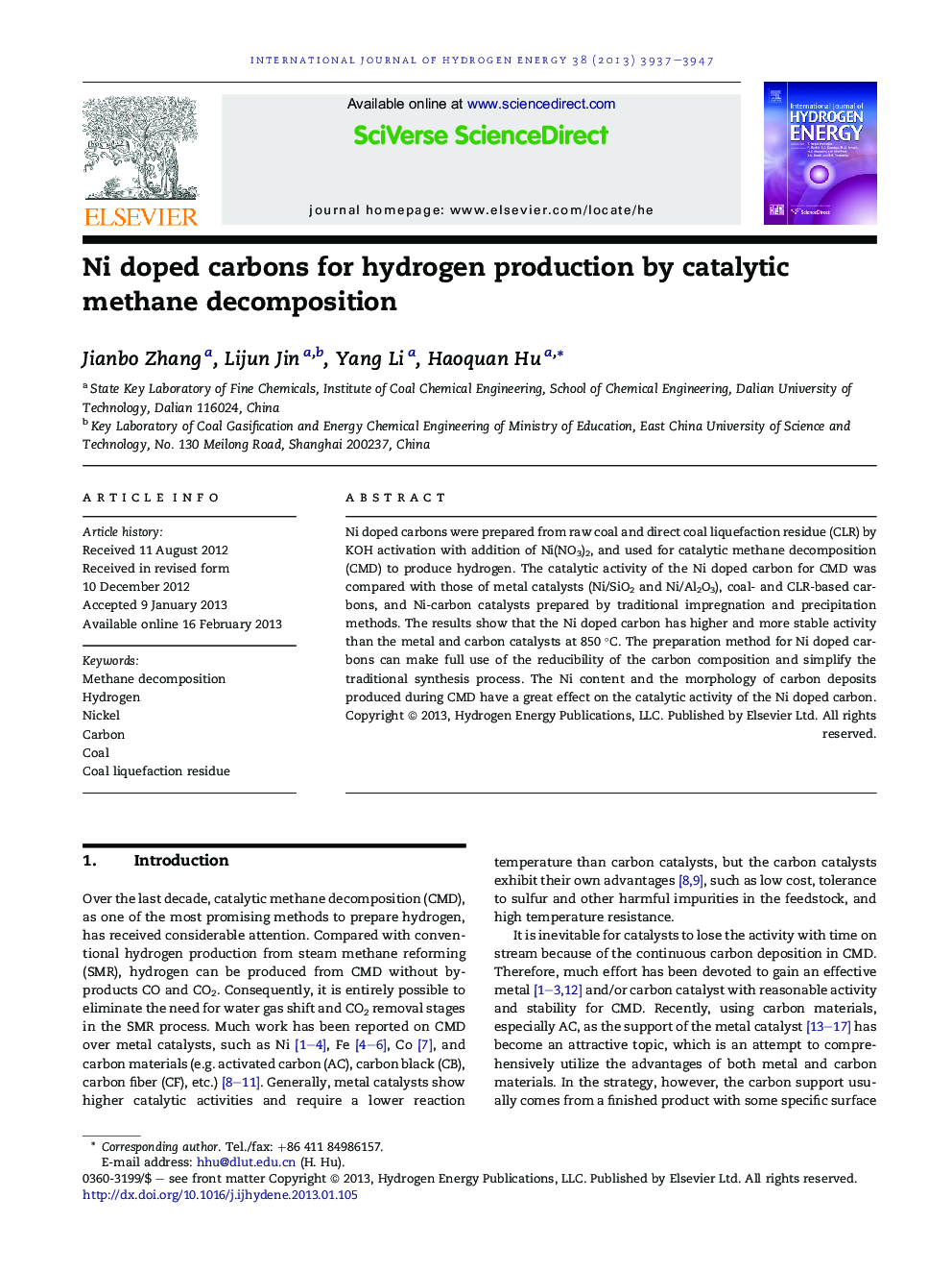 Ni doped carbons for hydrogen production by catalytic methane decomposition