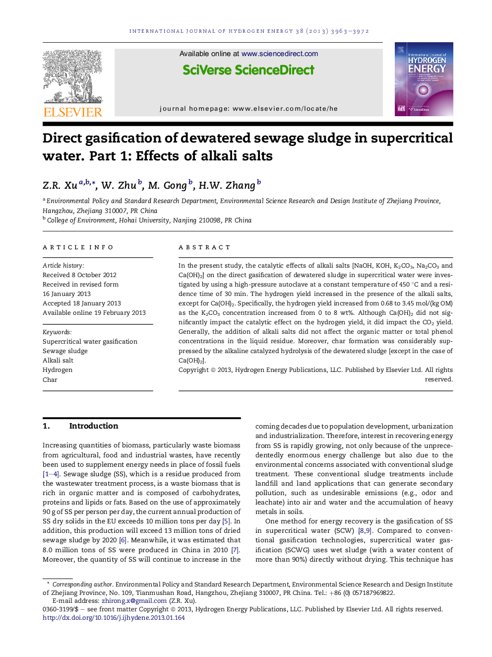 Direct gasification of dewatered sewage sludge in supercritical water. Part 1: Effects of alkali salts