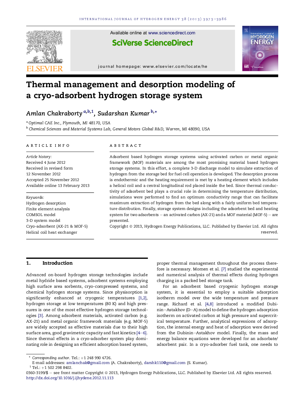 Thermal management and desorption modeling of a cryo-adsorbent hydrogen storage system