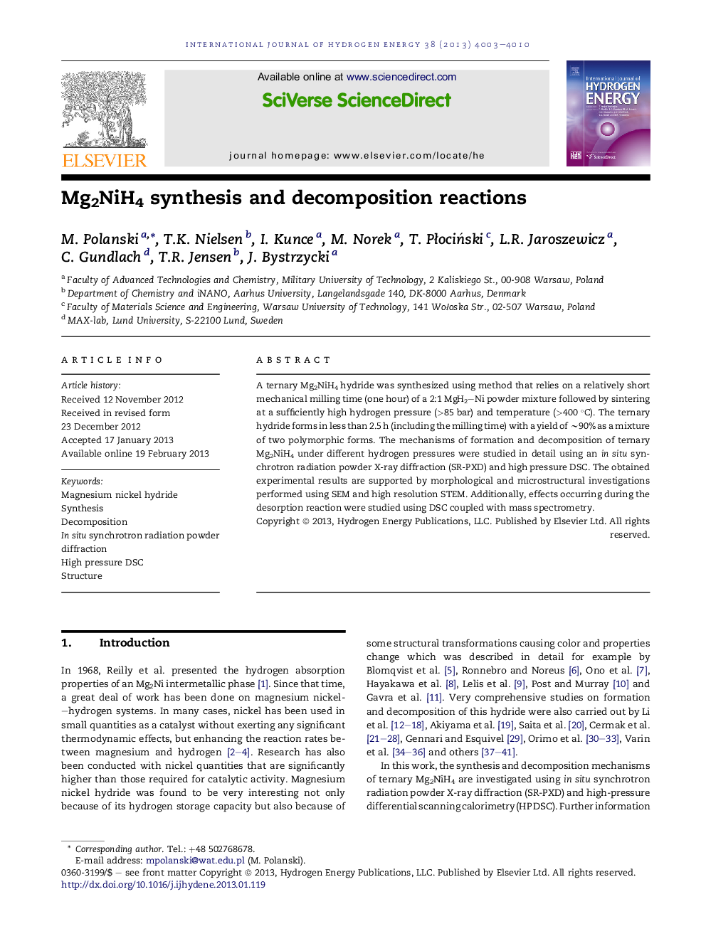 Mg2NiH4 synthesis and decomposition reactions