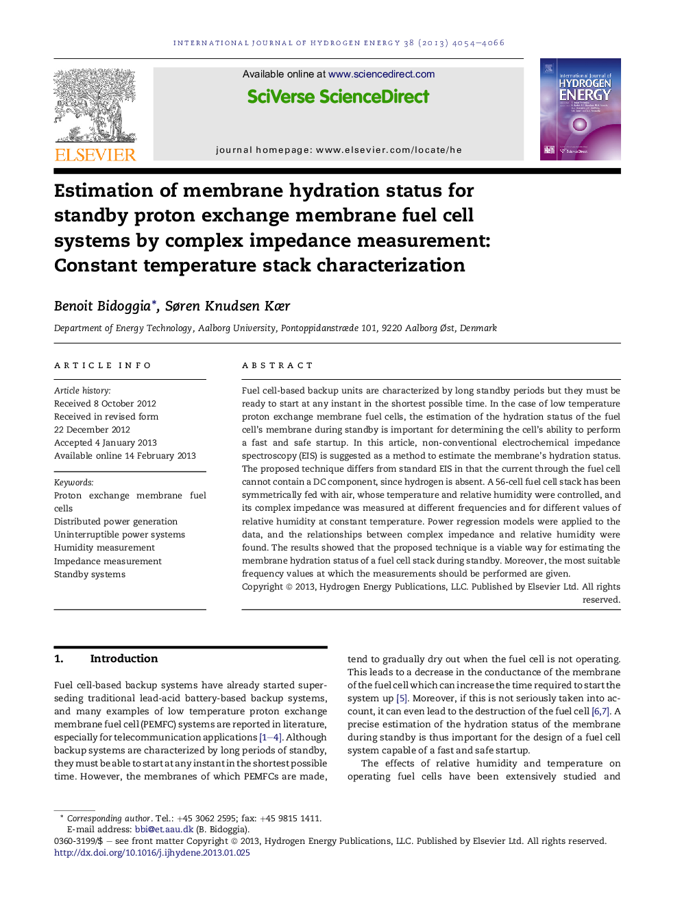 Estimation of membrane hydration status for standby proton exchange membrane fuel cell systems by complex impedance measurement: Constant temperature stack characterization