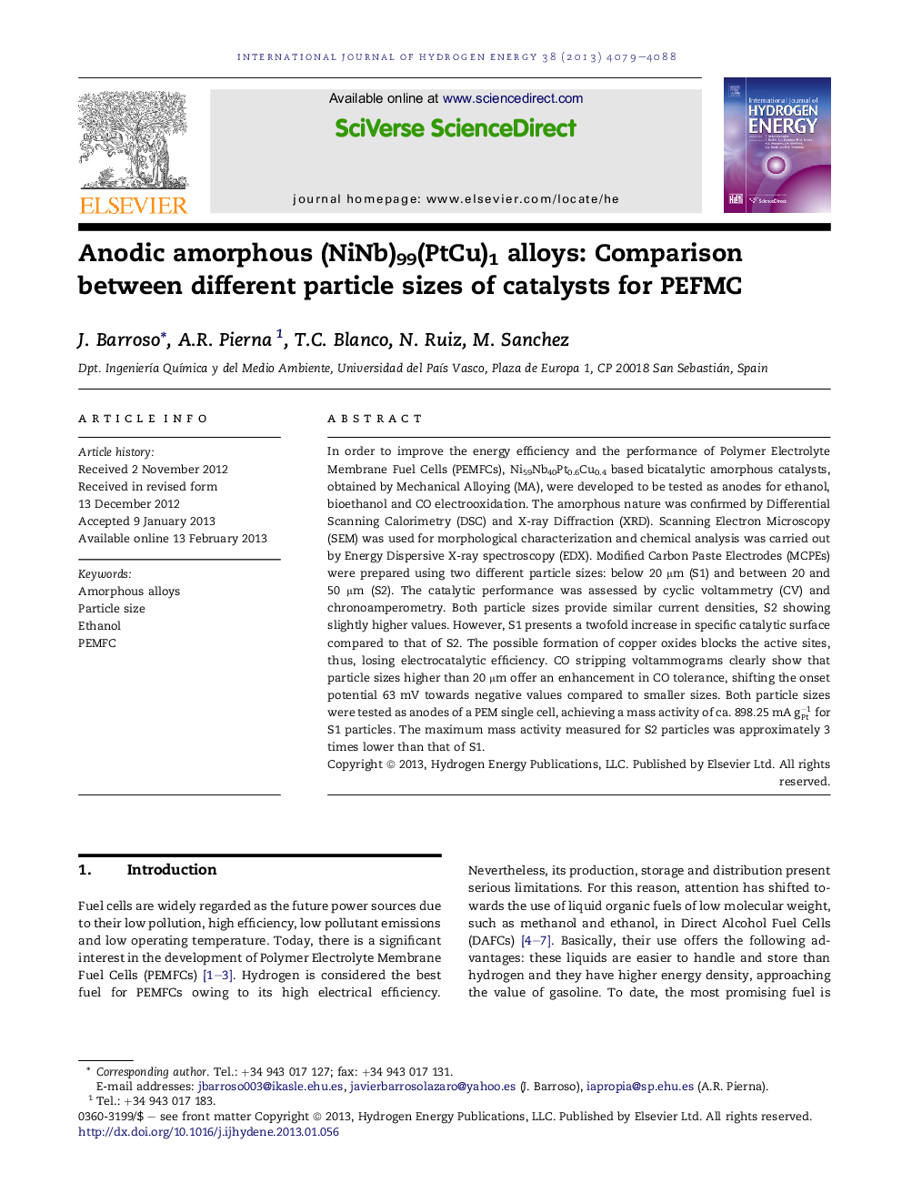 Anodic amorphous (NiNb)99(PtCu)1 alloys: Comparison between different particle sizes of catalysts for PEFMC