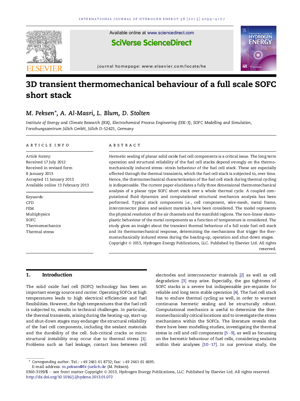 3D transient thermomechanical behaviour of a full scale SOFC short stack