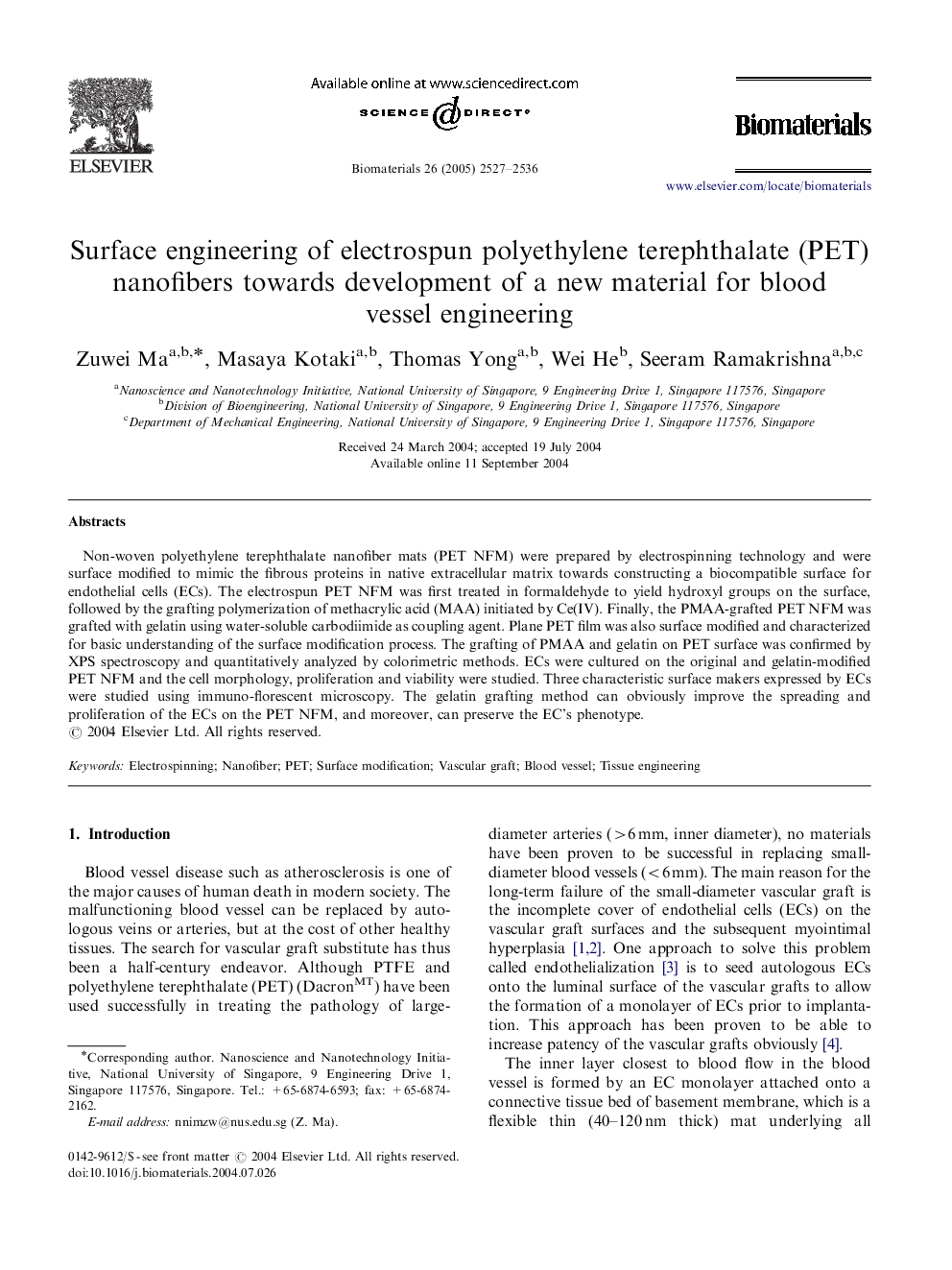 Surface engineering of electrospun polyethylene terephthalate (PET) nanofibers towards development of a new material for blood vessel engineering