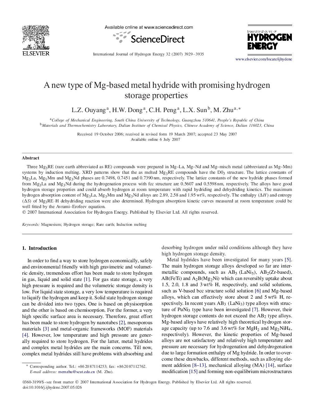 A new type of Mg-based metal hydride with promising hydrogen storage properties