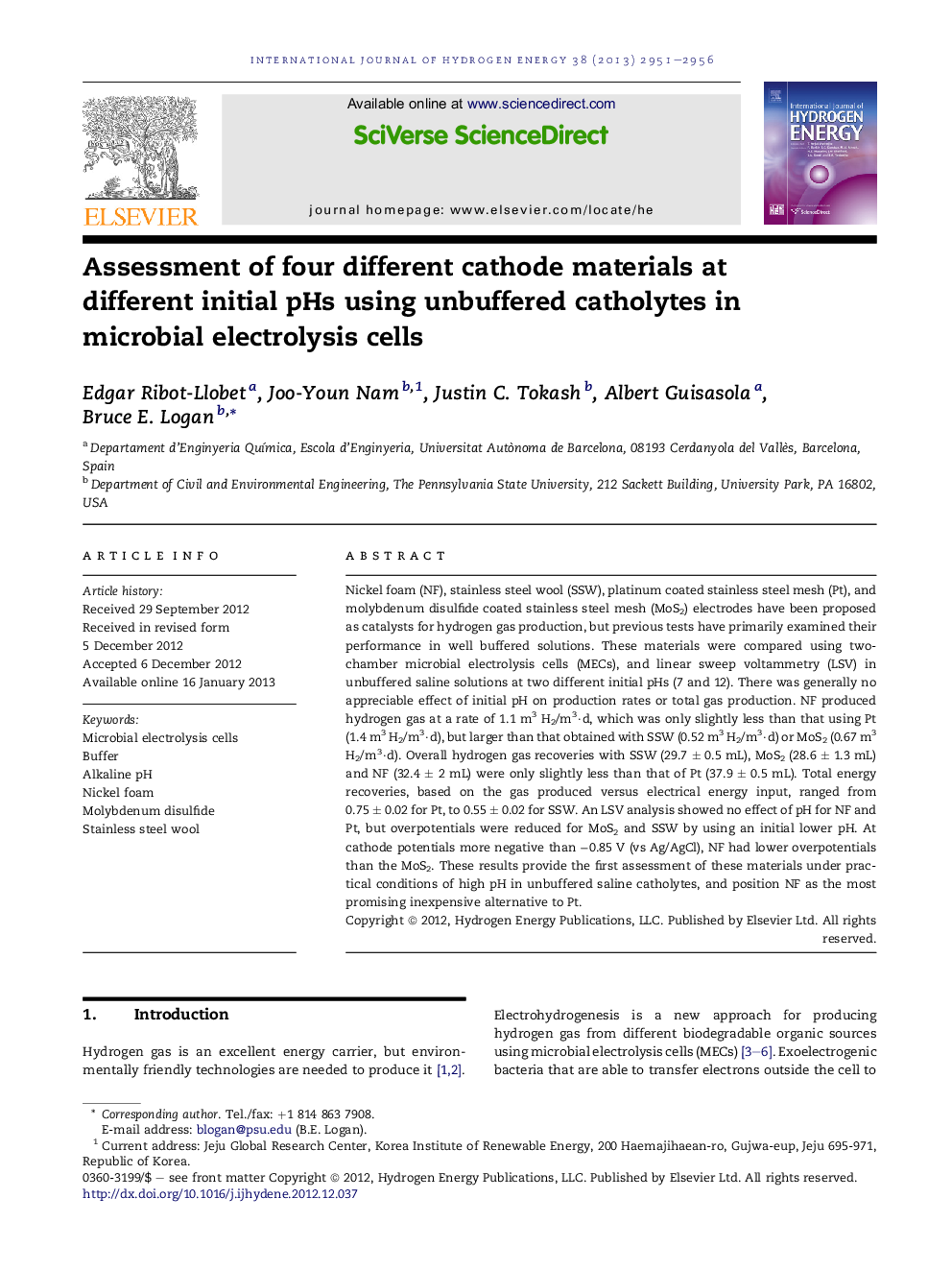 Assessment of four different cathode materials at different initial pHs using unbuffered catholytes in microbial electrolysis cells