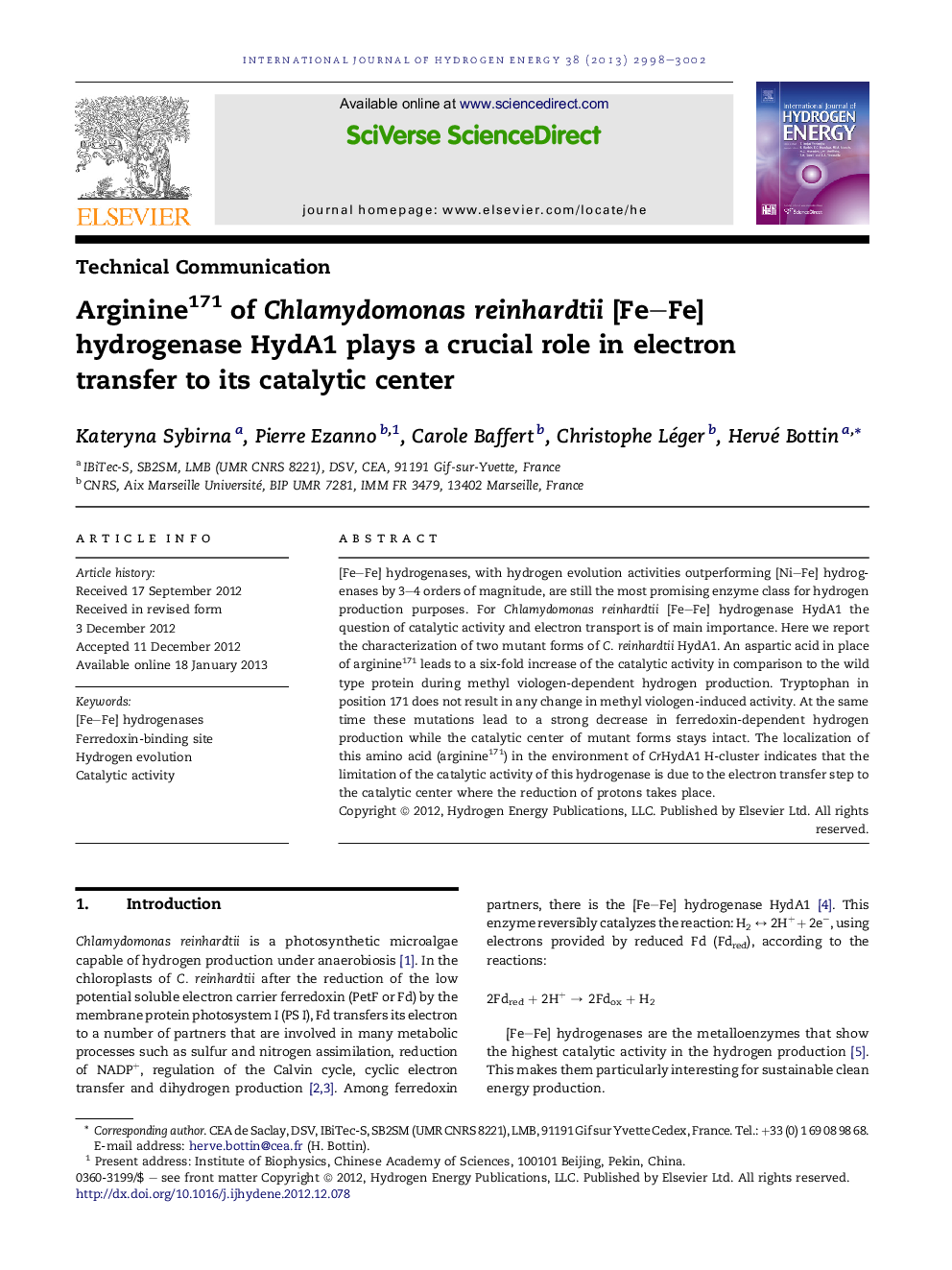 Arginine171 of Chlamydomonas reinhardtii [Fe–Fe] hydrogenase HydA1 plays a crucial role in electron transfer to its catalytic center