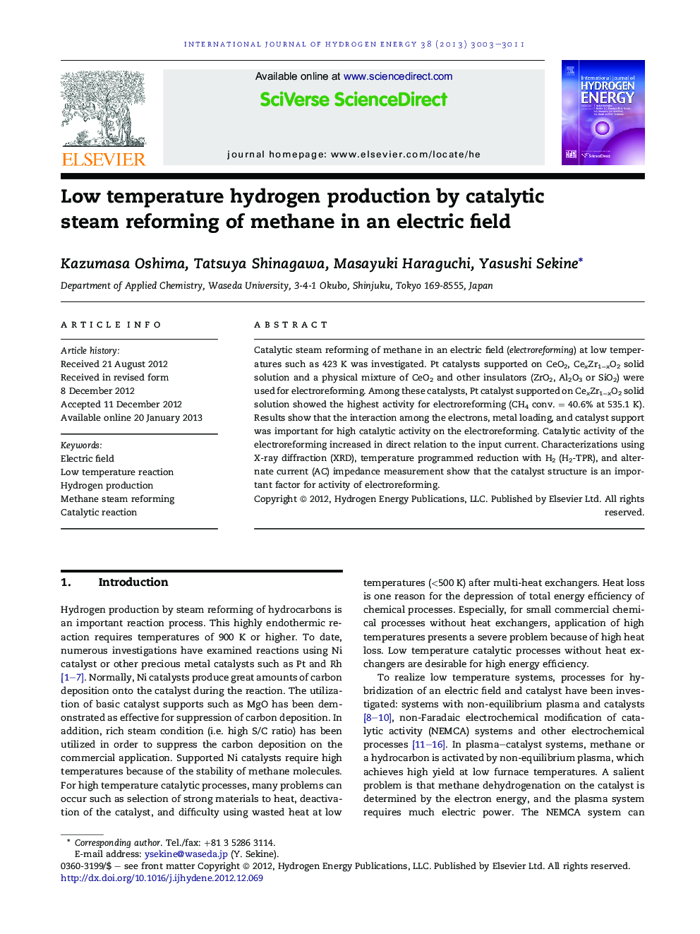 Low temperature hydrogen production by catalytic steam reforming of methane in an electric field