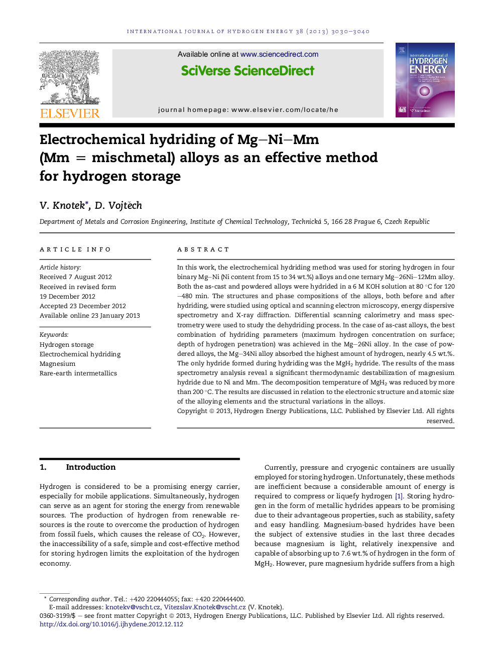 Electrochemical hydriding of Mg–Ni–Mm (Mm = mischmetal) alloys as an effective method for hydrogen storage