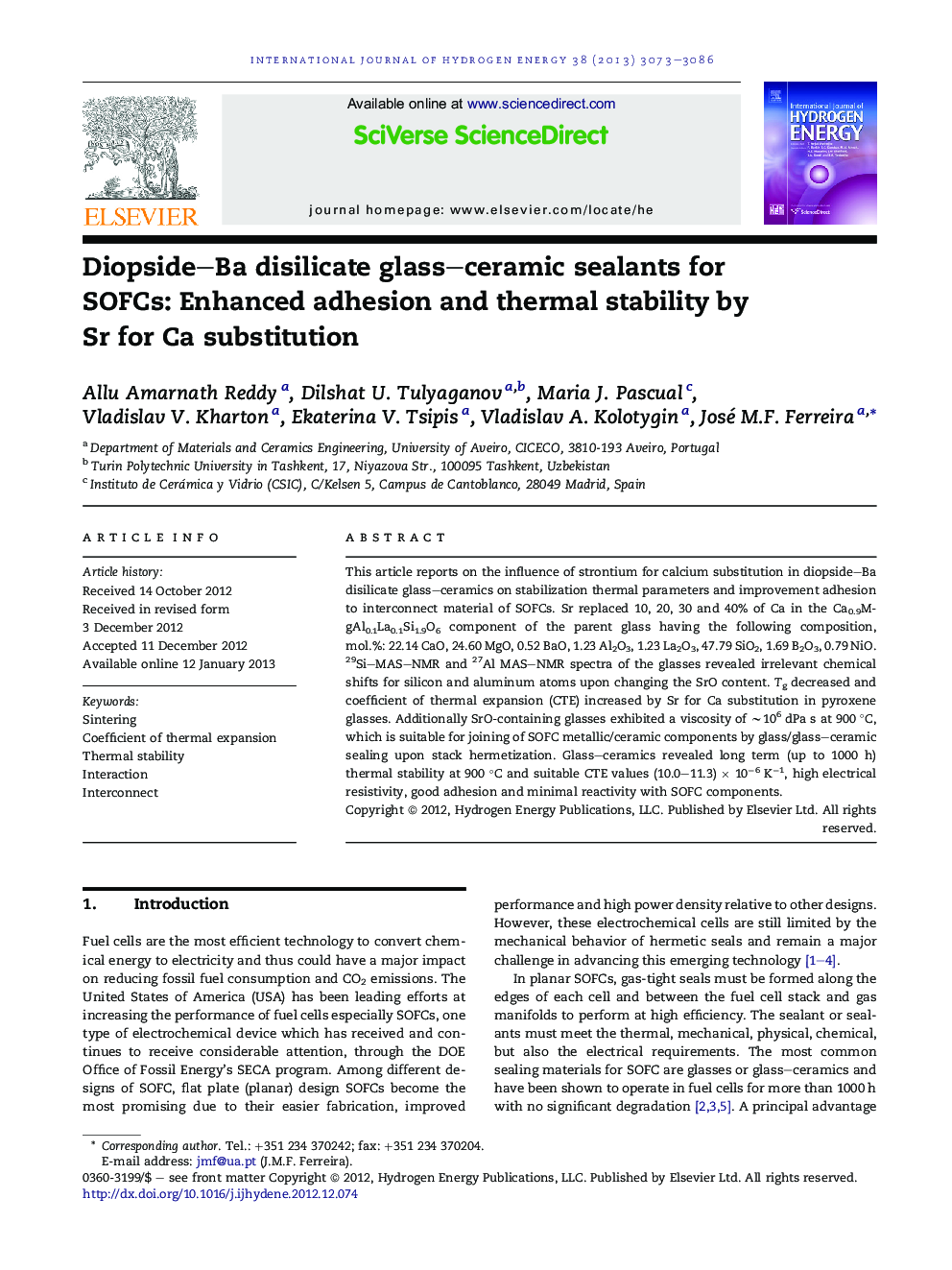 Diopside–Ba disilicate glass–ceramic sealants for SOFCs: Enhanced adhesion and thermal stability by Sr for Ca substitution