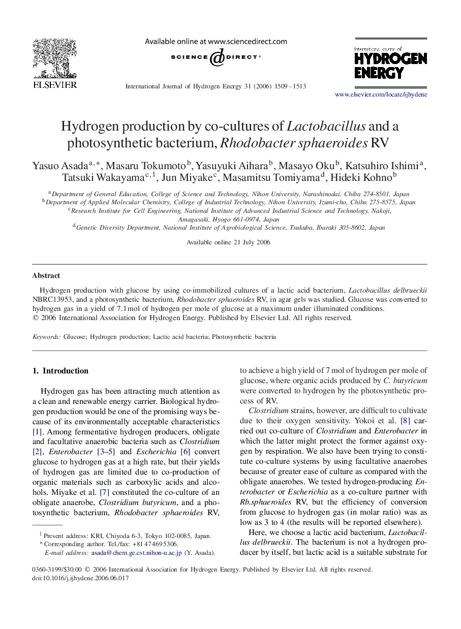 Hydrogen production by co-cultures of Lactobacillus and a photosynthetic bacterium, Rhodobacter sphaeroides RV