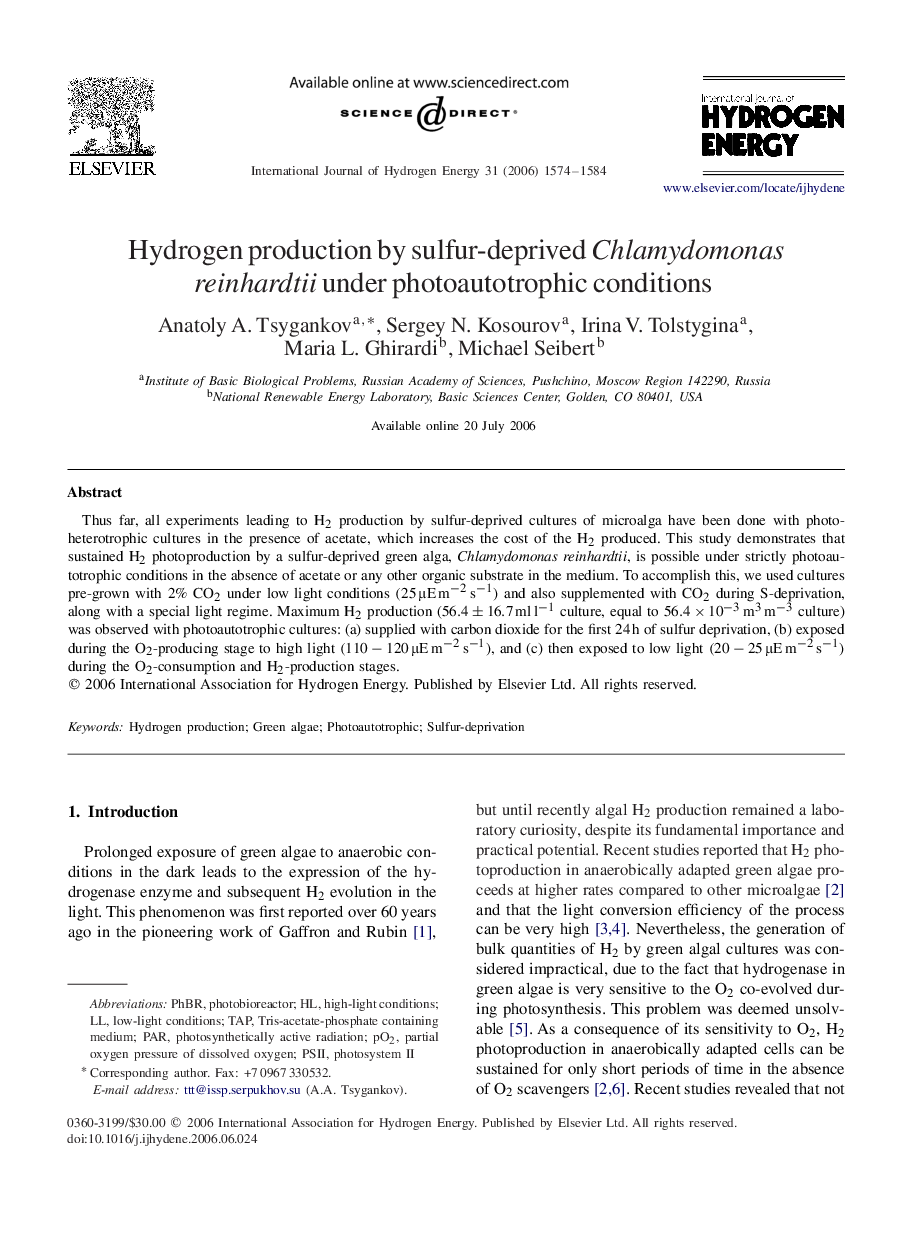 Hydrogen production by sulfur-deprived Chlamydomonas reinhardtii under photoautotrophic conditions