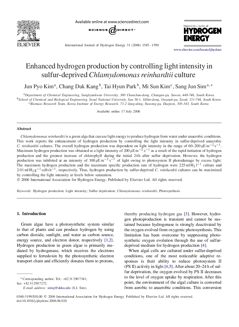 Enhanced hydrogen production by controlling light intensity in sulfur-deprived Chlamydomonas reinhardtii culture