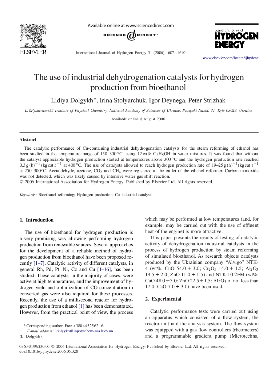 The use of industrial dehydrogenation catalysts for hydrogen production from bioethanol