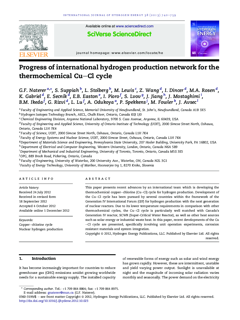 Progress of international hydrogen production network for the thermochemical Cu–Cl cycle