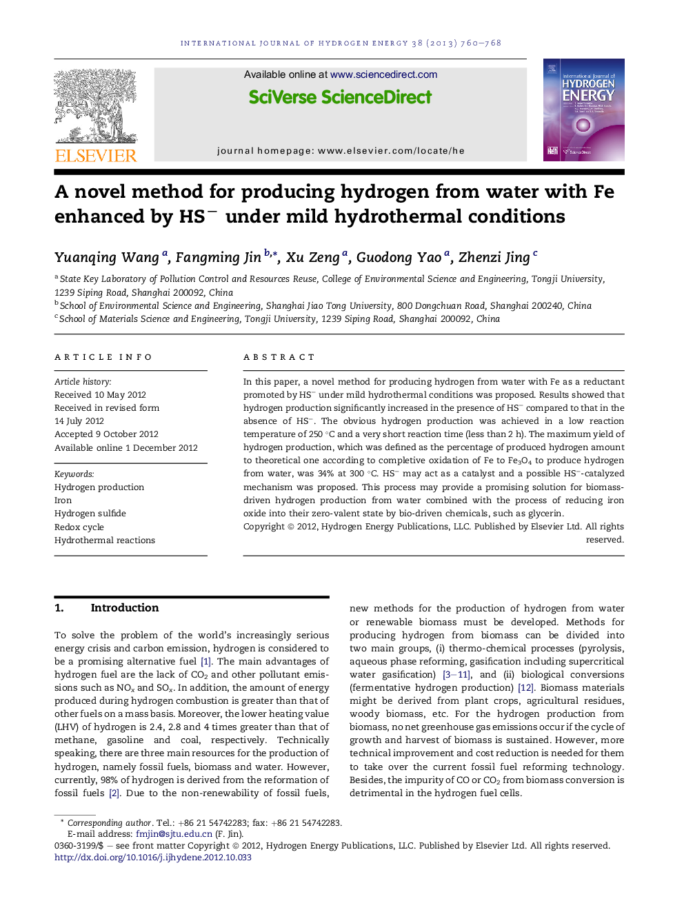 A novel method for producing hydrogen from water with Fe enhanced by HS− under mild hydrothermal conditions