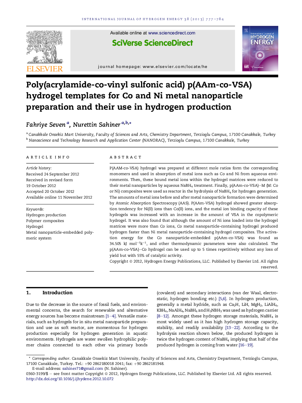 Poly(acrylamide-co-vinyl sulfonic acid) p(AAm-co-VSA) hydrogel templates for Co and Ni metal nanoparticle preparation and their use in hydrogen production