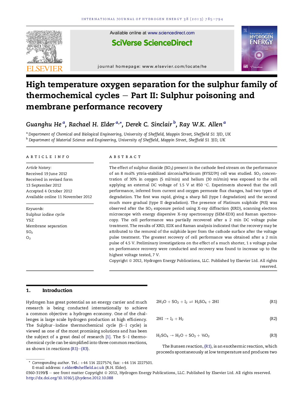 High temperature oxygen separation for the sulphur family of thermochemical cycles – Part II: Sulphur poisoning and membrane performance recovery